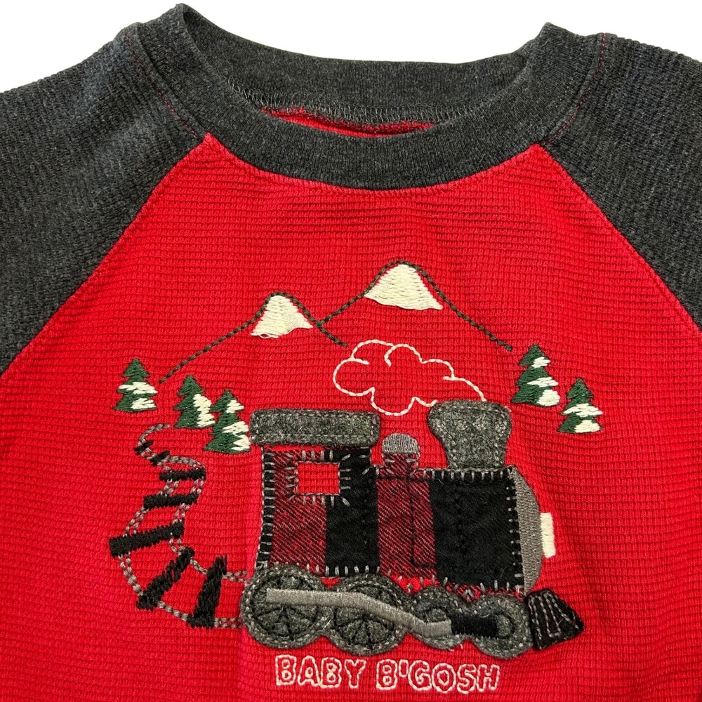 Baby OshKosh B'gosh‎ Red Gray Train Waffle Knit Long Sleeve Bodysuit 18M